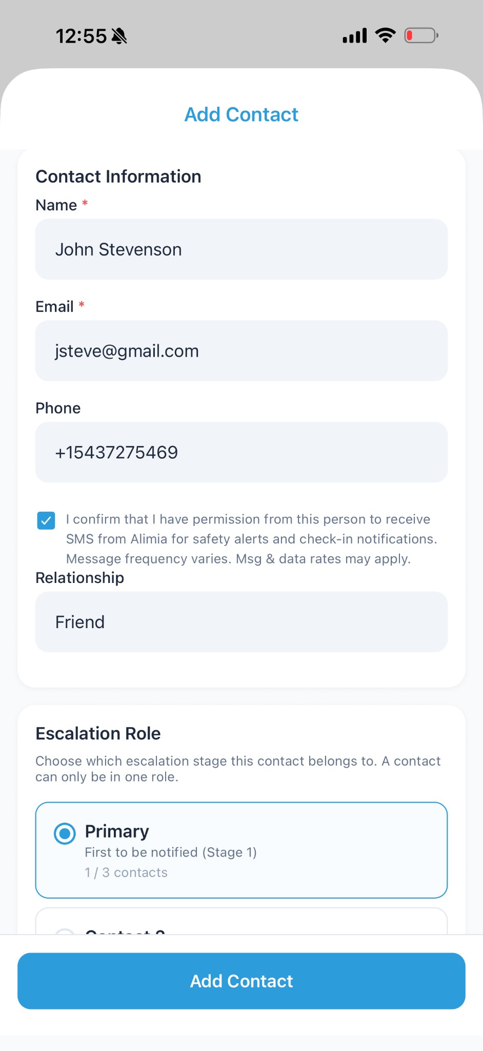 Alimia Add Contact screen showing SMS consent checkbox and phone number field